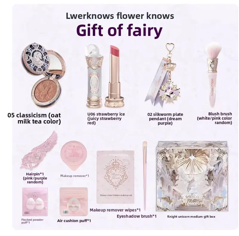 Flower Knows Knight Unicorn 10 τμχ Πλήρες σετ μακιγιάζ Eyeshadow Blush Lipstick Loose Powder Lip Liner Mirror Κουτί δώρου