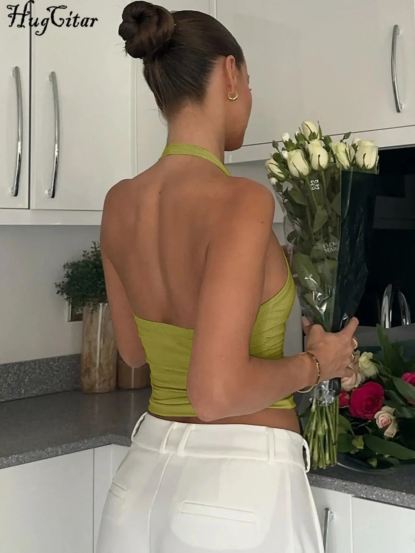 Hugcitar 2026 Summer Ribbed Halter Backless Solid Sexy Crop Tank Top Casual Y2K Γυναικεία Ρούχα Παραλία Διακοπές Streetwear Yoga — image 4