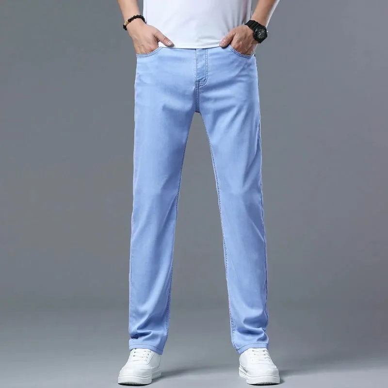 2025 Summer New Men's Sky Blue Slim Stretch Jeans Lyocell Thin Style Fashion Casual Ice Silk Denim Pants Male Brand Trousers — image 3