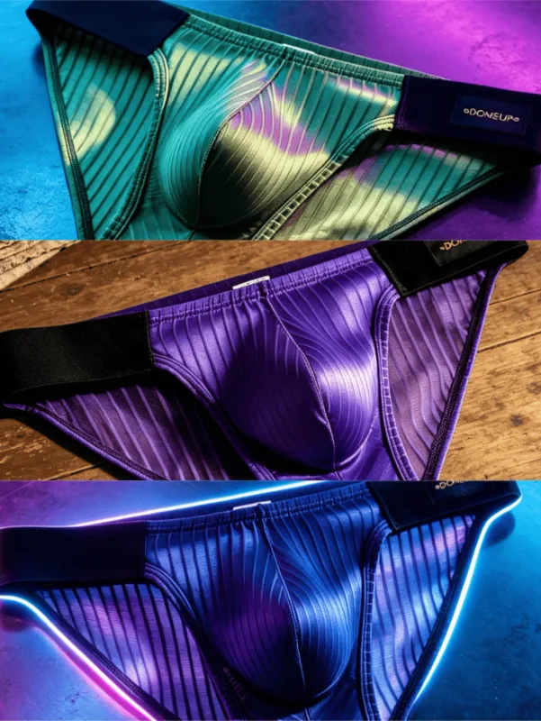 3PCS Men's Low Rise Briefs Satin Vertical Texture 3D Pouch Color Block Wide Waistband Breathable Trendy Underwear Multi Colors