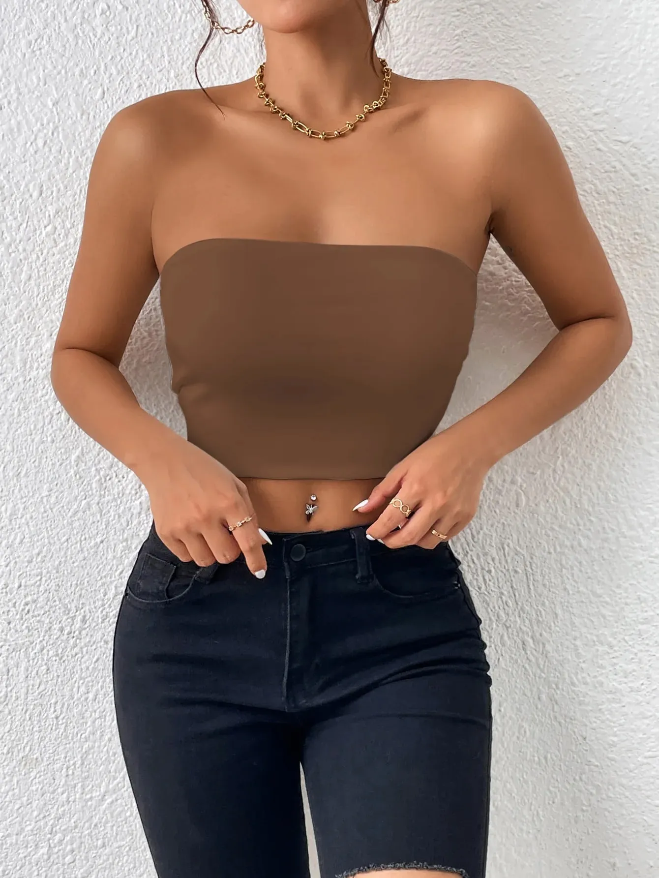 גופיית סטרפלס כתפיים קרופ חולצות נשים קיץ Camis צבע אחיד קמיצה אופנה נשים ללא שרוולים קצוץ בגדי Y2K