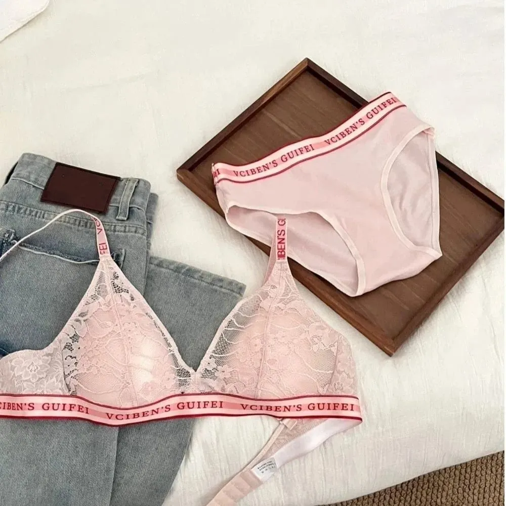Breathable Letter Design Lingerie Set Lace Deep V Women Underwear Suit Wireless Color Blocking Bra Panties Set Girl — image 4