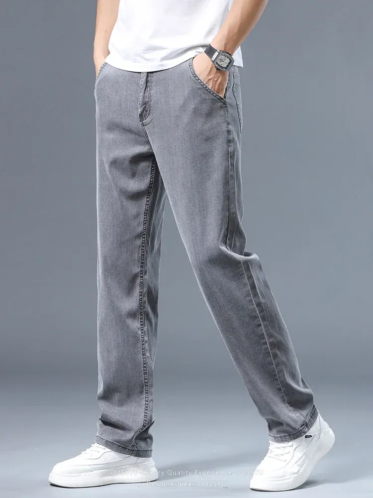 Καλοκαιρινό λεπτό ανδρικό φαρδύ τζιν Lyocell Soft Drape Business Casual Παντελόνι Smoke Grey Ice Μεταξωτό Παντελόνι Plus Size 40 42 — image 4