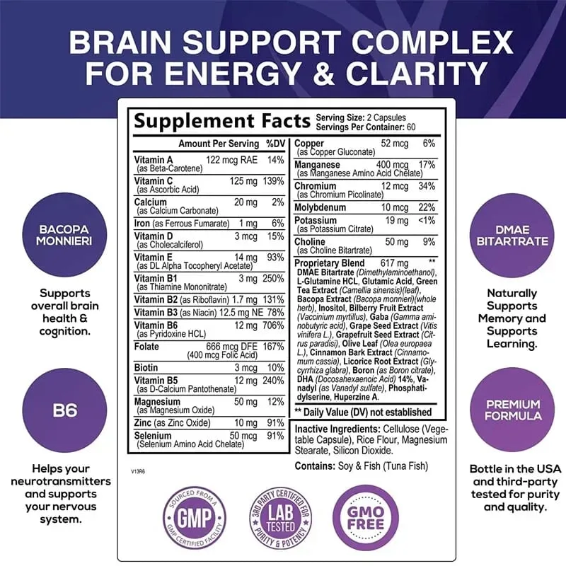 Suplemento cerebral - contém vitaminas B para apoiar a saúde do cérebro, melhorar a função cognitiva e melhorar a memória e a concentração