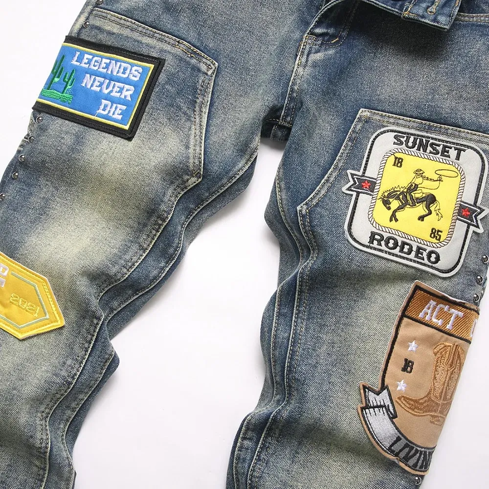 Ανδρικό Badge Patch Boot Cut Jeans Rivet Vintage Ρετρό Μπλε Stretch Τζιν Παντελόνι Streetwear Slim Flared Παντελόνι — image 3