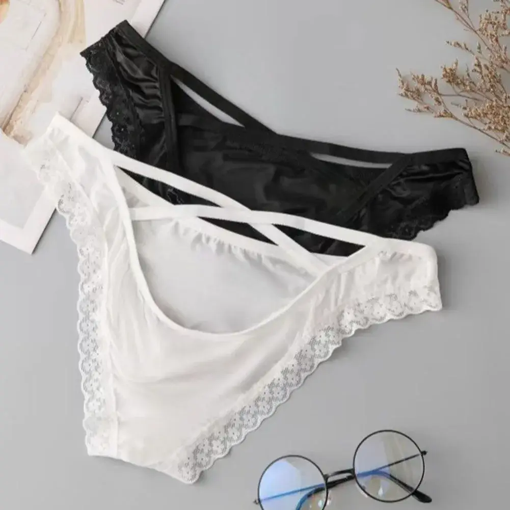 Men Side Strap Lace Briefs Silky Smooth Scalloped Floral Lace Low Waist Stretch Thin Underwear Sissy Panties