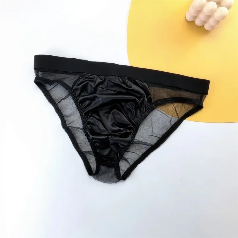 Sexy Glossy Satin Silk Man's Underwear Briefs Transparent Mesh Male Panties Breathable Quick Dry Underpants — image 3