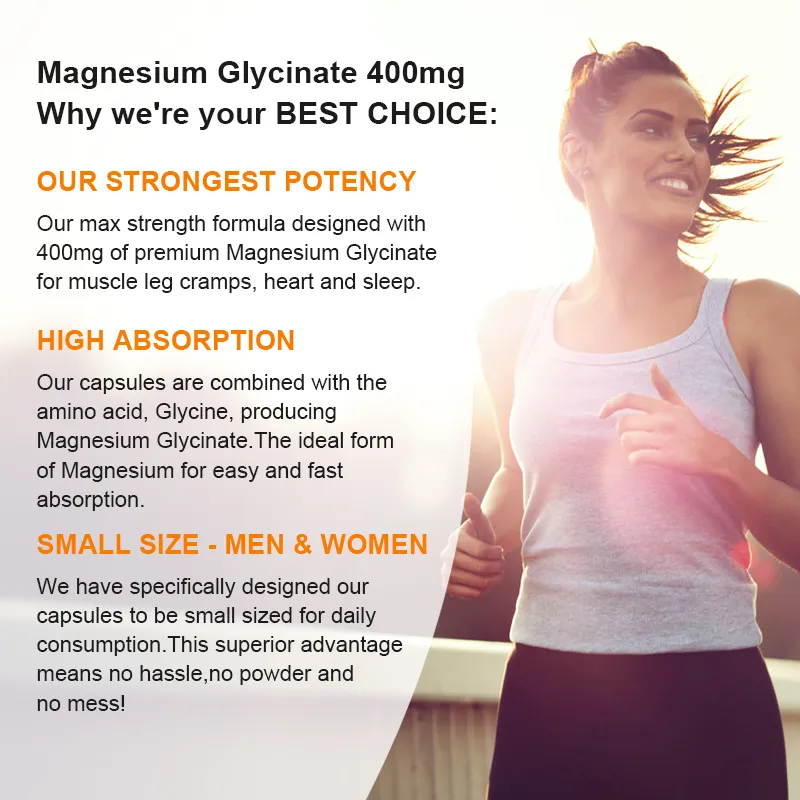 Magnézium-glicinát 400 mg az alváshoz Agy Idegrendszer Csont Izom Szorongáscsillapítás Szívegészség Stressz és szorongás enyhítése — image 6
