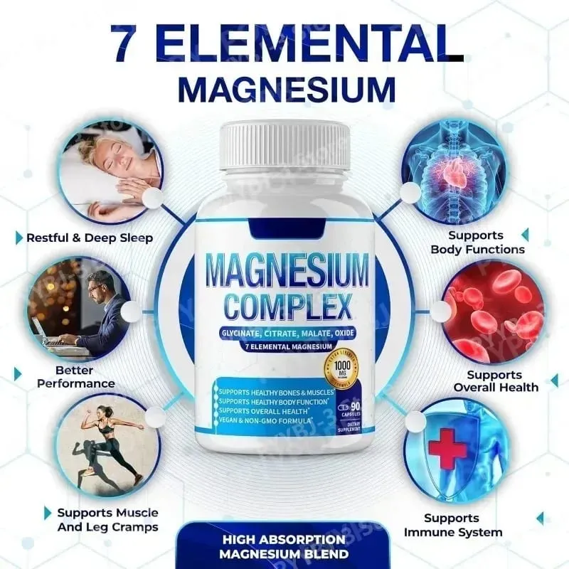 90 Pieces Magnesium Complex Capsule Contain 7 Ingredient – Glycinate Citrate and Malate Etc 1000mg Health Nutrition Support