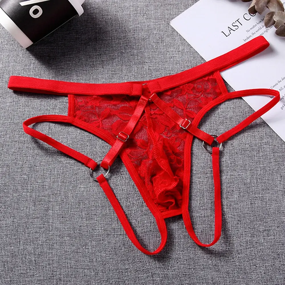 Sexy Underwear Men's G-Strings Exotic Lingerie Panties Sheer Lace Pouch Hollow Out Lace Flower Pattern Adjustable Waistband — image 10