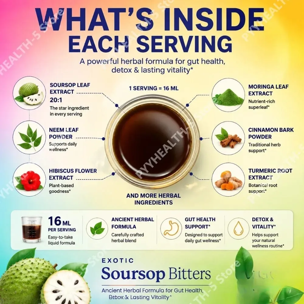 Υγρό συμπλήρωμα Herbal Soursop Bitters Black Seed Moringa Irish Moss Drops for Gut Digestive Wellness Immune 16 Fl Oz (473ml) — image 5