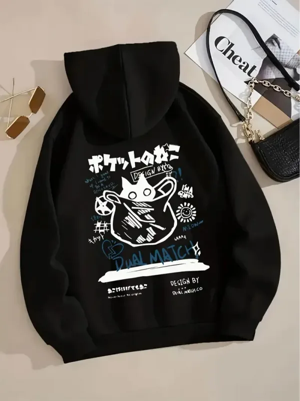 Style japonais Sweat à capuche chat noir Hommes Femmes Rue extérieure Mode décontractée Dessin animé Sport à manches longues Adulte Sweat d'automne et d'hiver