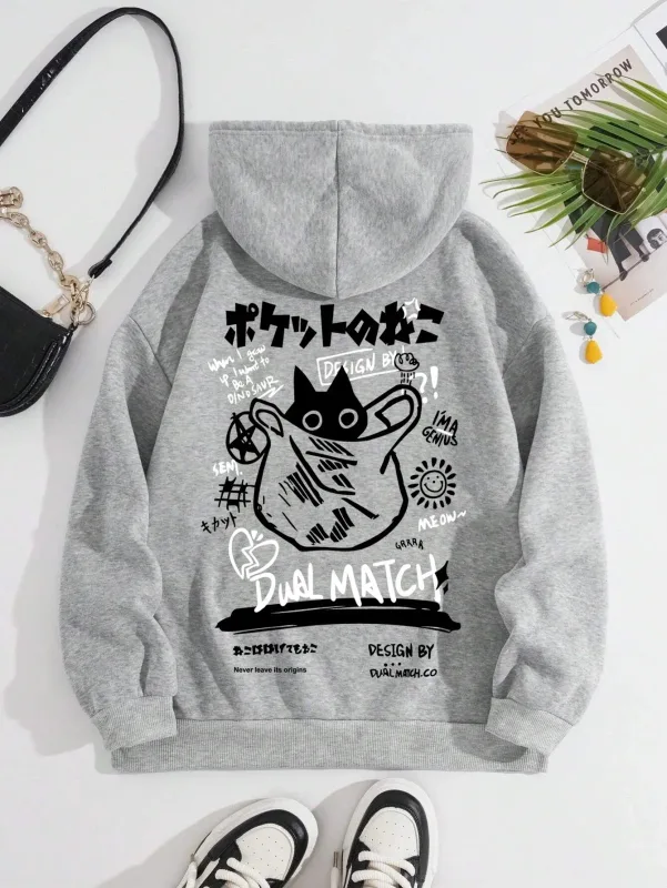 Style japonais Sweat à capuche chat noir Hommes Femmes Rue extérieure Mode décontractée Dessin animé Sport à manches longues Adulte Sweat d'automne et d'hiver