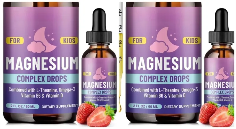Kids Magnesium Glycinate Liquid Drops with L-theanine Omega-3 Vitamin B6 D3 for Sleep Relaxation 2 Fl Oz Strawberry Flavor — image 8