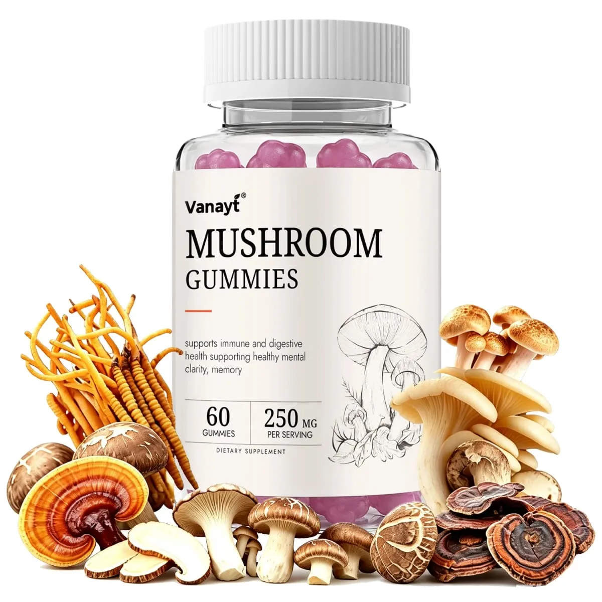 250mg Mushroom Super Blend Complex - Brain Nervous System Health and Memory Supplements Immunity Sleep Energy Mood Support