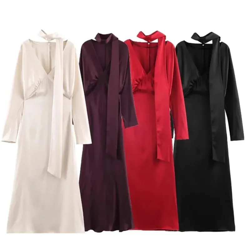 2026 New Scarf Solid Elegant Maxi Dresses Women Spring V Neck Long Sleeve Club Party Long Dress Female Chic Slim Fit Dresses — image 6