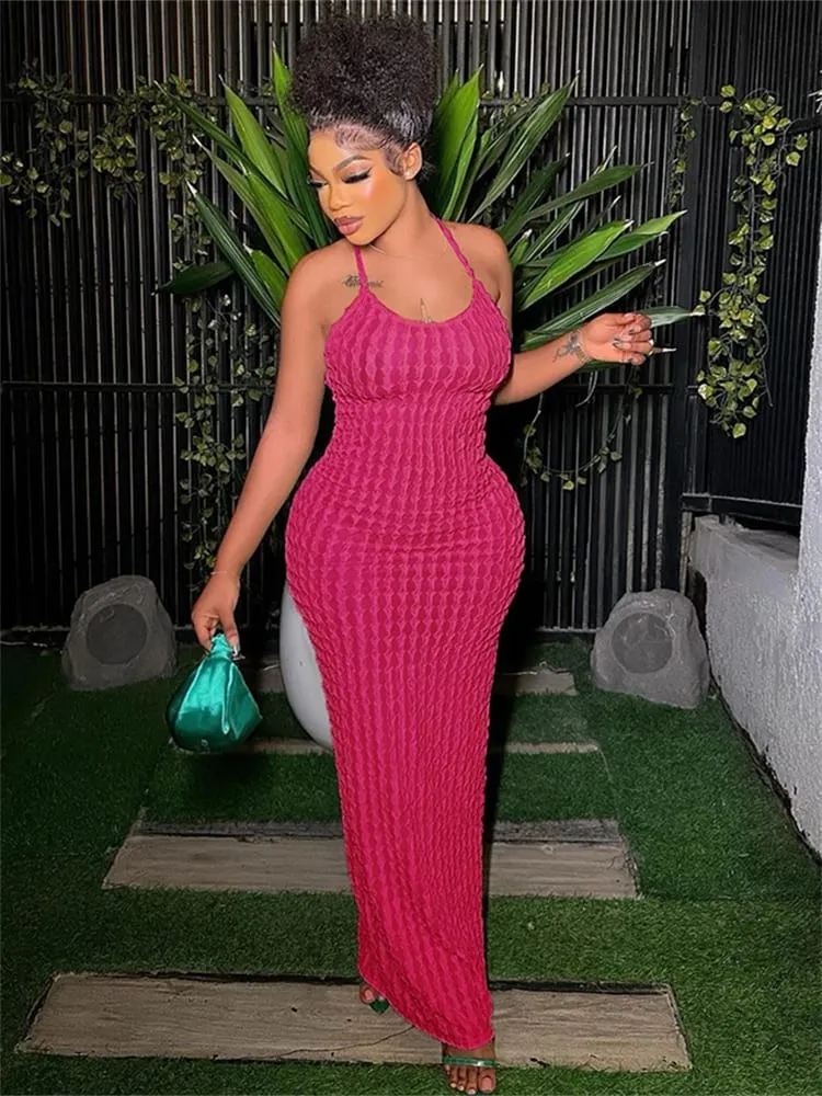 Kliou Solid Ruched spagettipántos pólya maxi ruha női alkalmi ujjatlan, hát nélküli Bodycon női parti utcai ruhák — image 5