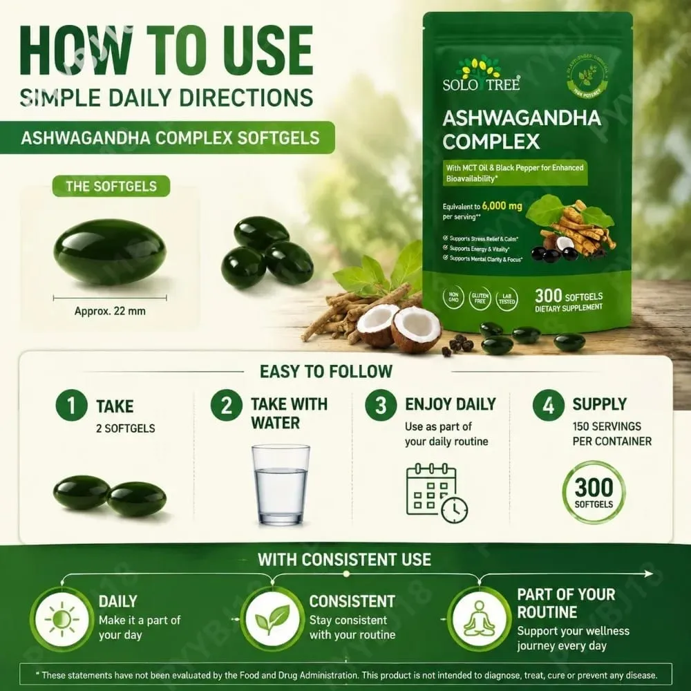 Το Solo Tree Ashwagandha Complex Softgels υποστηρίζει την ανακούφιση από το άγχος ήρεμη ψυχική διαύγεια εστίαση με MCT Oil & Black Pepper 300 Softgels