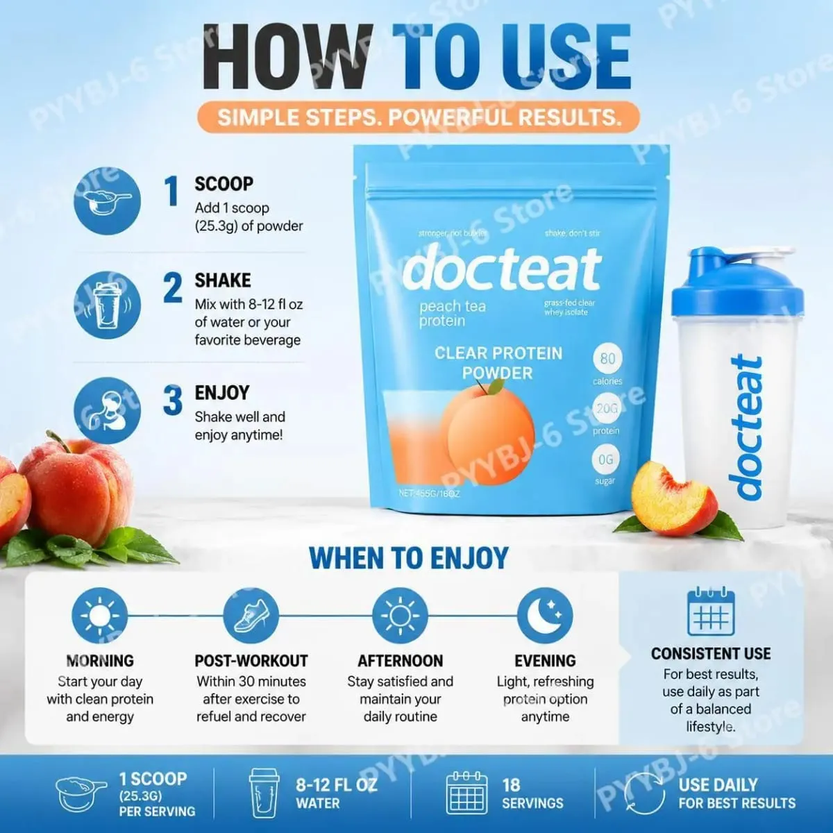 Docteat Peach Tea אבקת חלבון שקופה 455 גרם מי גבינה איזולט וסטביה 20 גרם חלבון דל שומן 0 גרם סוכר תמיכה להתאוששות אימון כושר