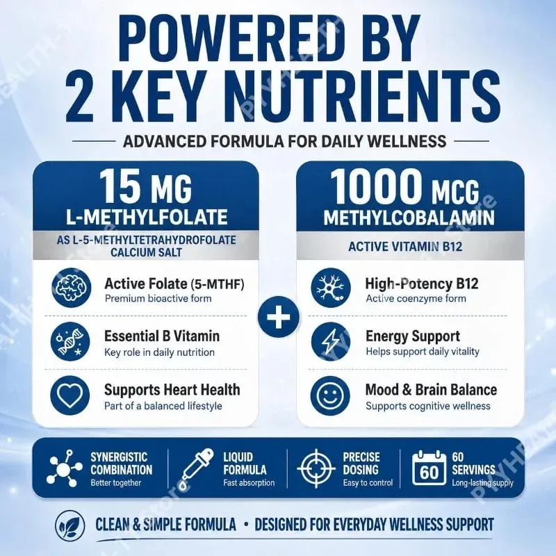 Googeer L-Methylfolate 5-MTHF Liquid Drops with Methyl B12 15mg 1000mcg Maximum Strength Heart Brain Mood Support 60ml