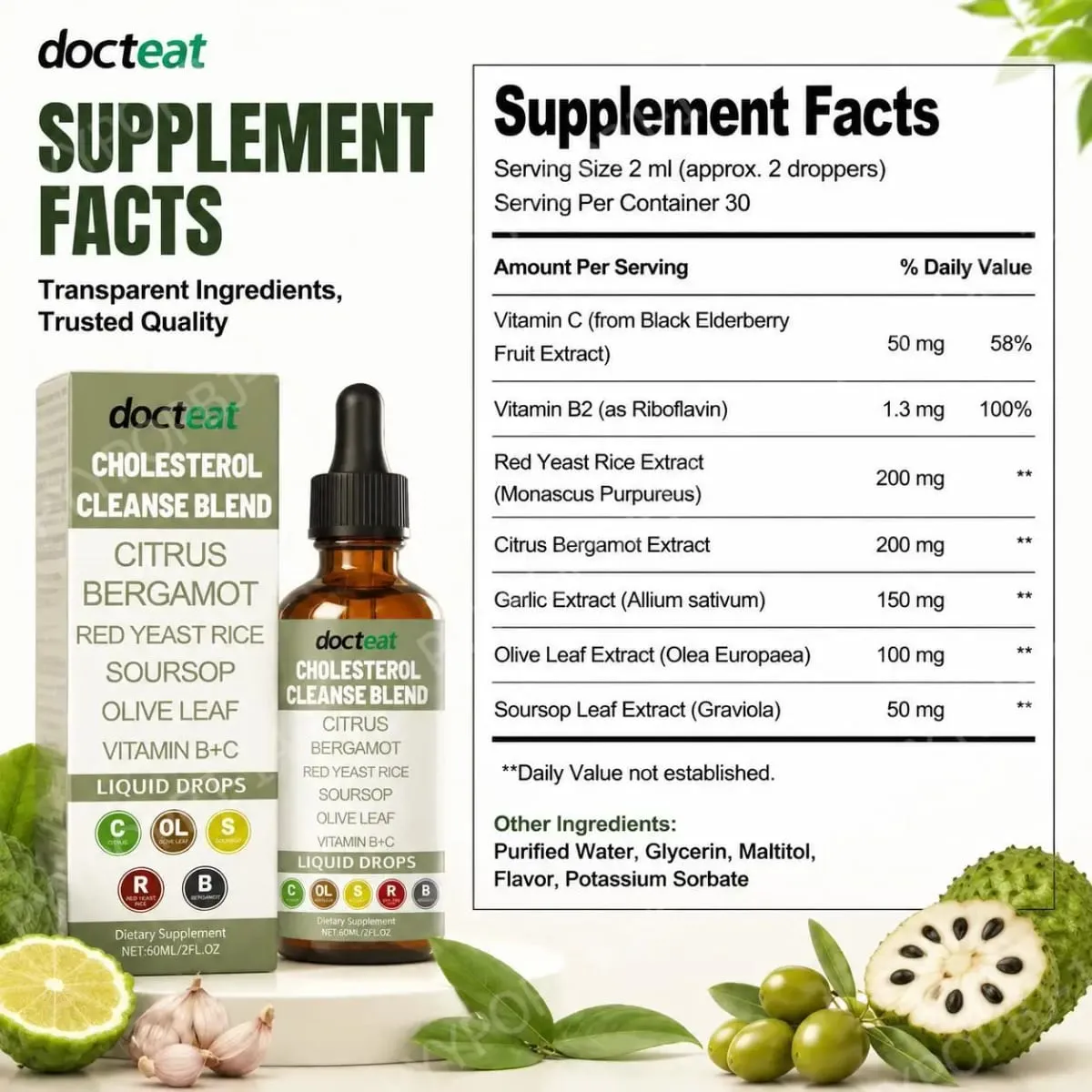 Docteat Cholesterol Cleanse Liquid Drops Citrus Bergamot Υποστηρίζει τη μεταβολική ισορροπία με βιταμίνη C και B2 Dropper 60 ML — image 2