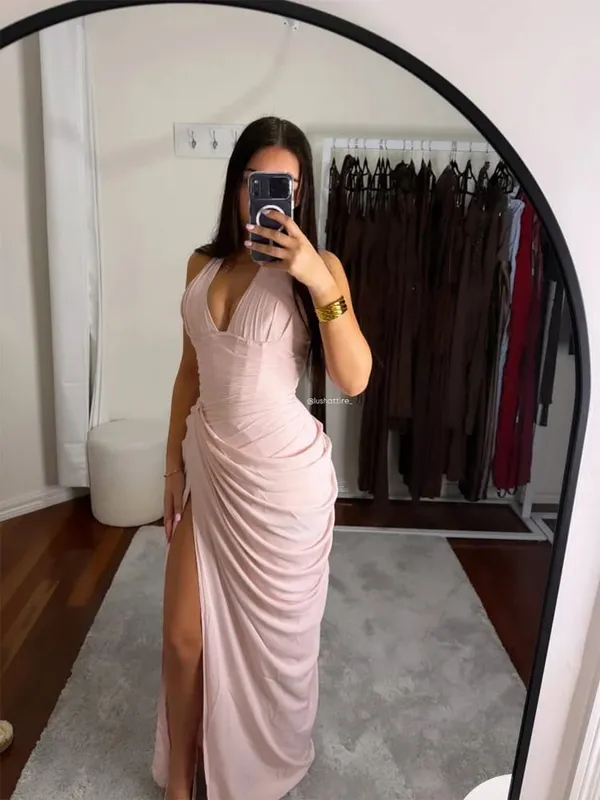 Sexy Solid Pleated Halter Women's Dress Fashion Sleeveless Backless Waist-cinching Split Maxi Dresses 2026 Summer Party Gowns — image 9