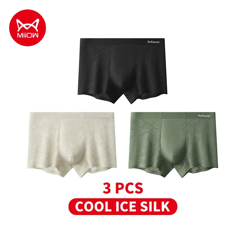 MiiOW 3Pcs Hollow-out Ice Silk Men Underwear Boxers Silky Breathable Man Underpants 10A Antibacterial Crotch Men's Boxer Panties