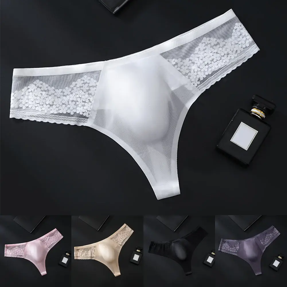 Breathable Men's Lace G-String Underwear Featuring Thin Seamless Ice Silk Fabric with 3D Bulge Pouch and Solid Color Design — image 9