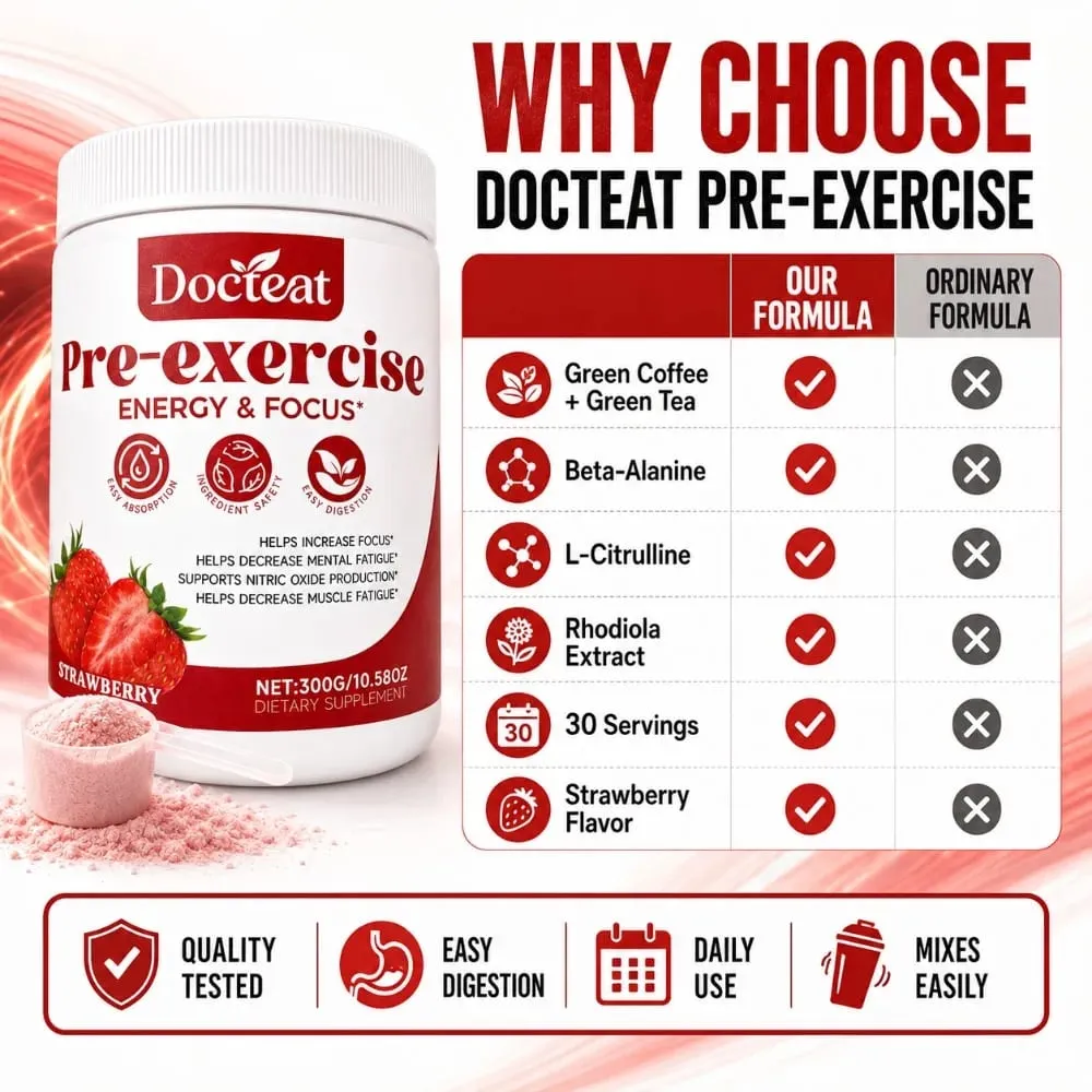 Docteat Pre Workout Powder Strawberry Energy & Focus Support Beta-Alanine L-Citrulline Rhodiola 300g 30 Servings Drink Mix — image 7