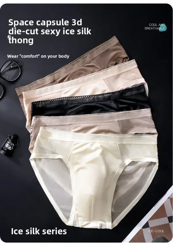 Male Glossy Silk Satin Briefs High Rise Lace Trim Ice Silk Underwear Soft Breathable U Pouch Men Panties — image 2