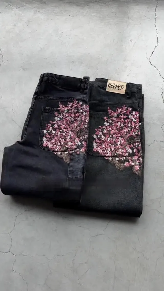 Harajuku Patchwork Κέντημα Cherry Blossom Παντελόνι τζιν Y2k Vintage Γυναικείο φαρδύ ίσιο φαρδύ τζιν Ανδρικά ρούχα Street — image 2