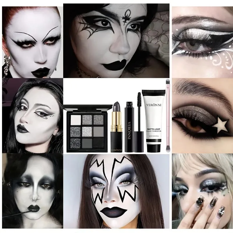 5 τμχ Σετ μακιγιάζ Halloween Dark Special Effects White Foundation Black Eyeshadow Black Lipstick Mascara & Brush Makeup for Party