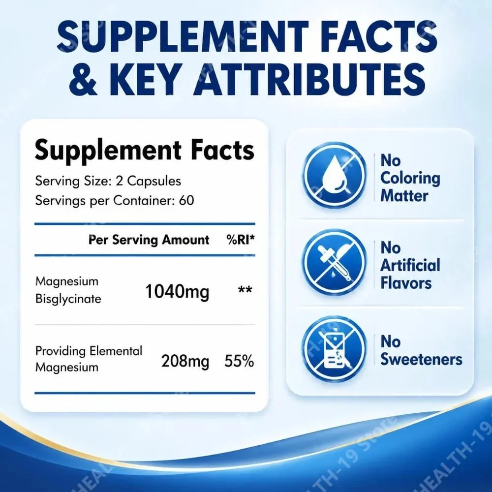 Magnesium Glycinate Capsules with 208mg Elemental Bisglycinate for Healthy Bone Muscle & Nerve Support Adults 120 Capsules — image 4