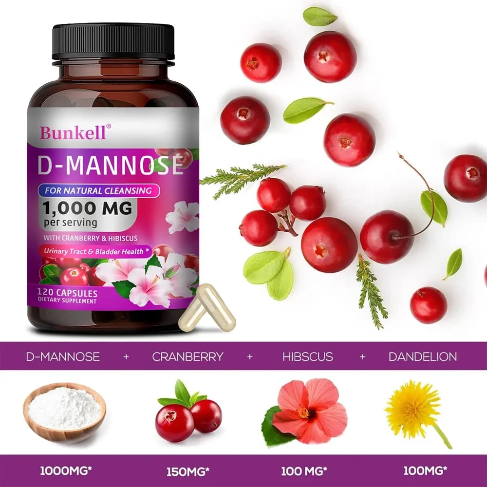 D-Mannose 1000mg קפסולות - חמוציות שן הארי היביסקוס תומכת בריאות שלפוחית השתן ניקוי פנימי וחיסוני — image 3