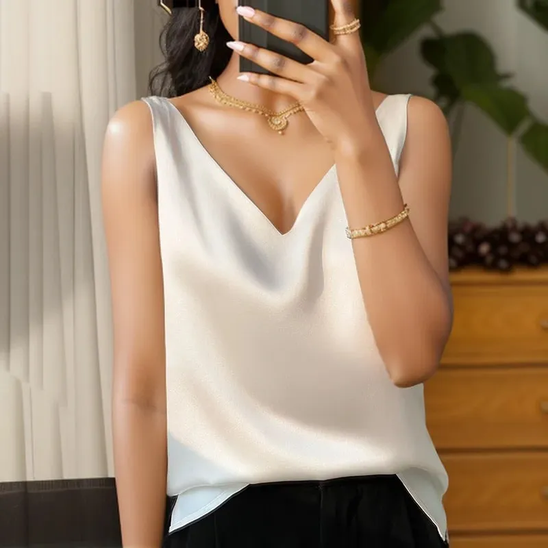 Νέο Lce Silk Satin Camisole Γυναικεία Άνοιξη/Καλοκαίρι μονόχρωμο αμάνικο σέξι άνετο μεταξωτό εσώρουχο RW-D09 — image 2