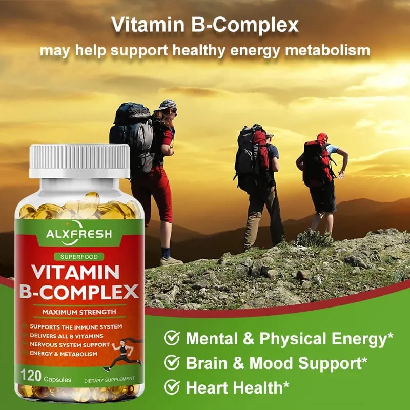 Alxfresh B-Complex vitamin-kiegészítők (B12 B1 B2 B3 B5 B6 B9 folsav és biotin) Immun- és energiatámogatás