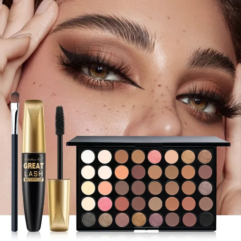 3 τμχ Σετ μακιγιάζ για 40 χρώματα Rainbow Eyeshadow Palette + Μαύρη μάσκαρα με 1 τμχ Πινέλο 3 σε 1 Σετ μακιγιάζ για καθημερινό πάρτι καθημερινά — image 5