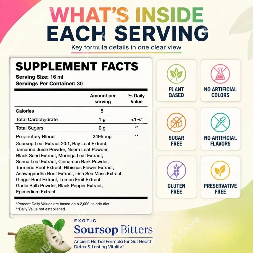 Υγρό συμπλήρωμα Herbal Soursop Bitters Black Seed Moringa Irish Moss Drops for Gut Digestive Wellness Immune 16 Fl Oz (473ml) — image 4