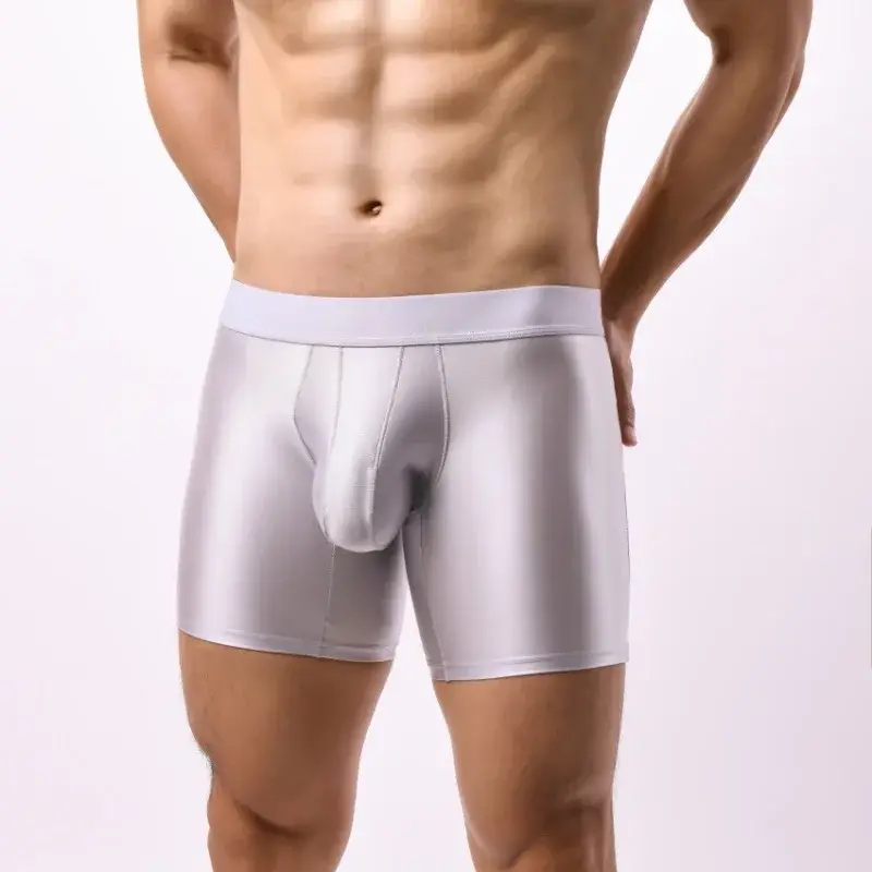 Bright Silky Smooth Underwear Men Stretch Satin Seamless Long Leg Boxer Shorts Bugle Pouch Sport Underpant Club Party Lingerie — image 2