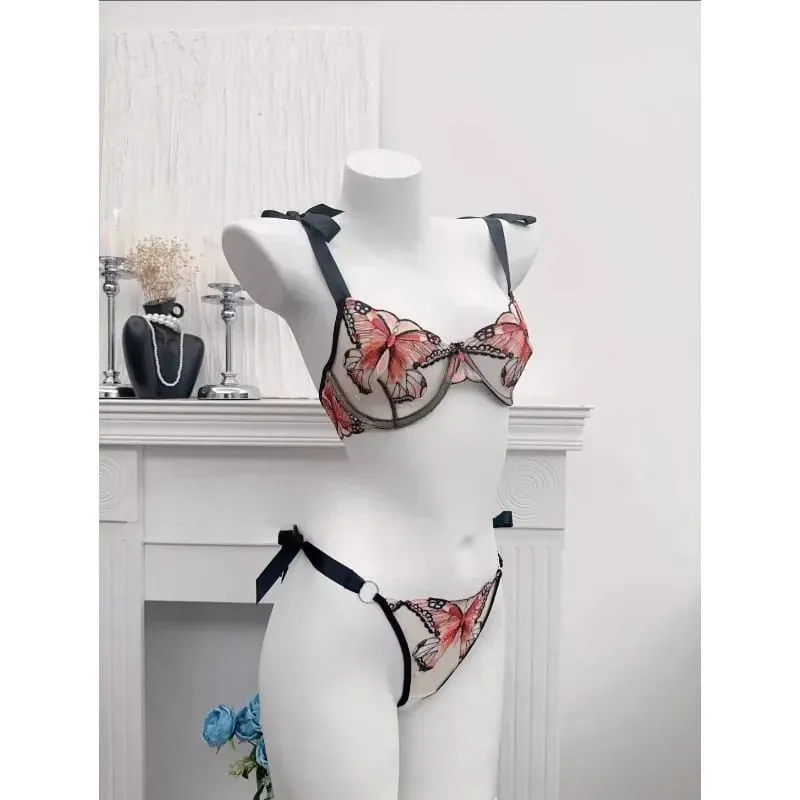 Reggente Pizzo Francese Farfalla Rete Trasparente Spalline Elastiche Senza Spugna Σετ Intimo S-XL Nuovo Morbido — image 4