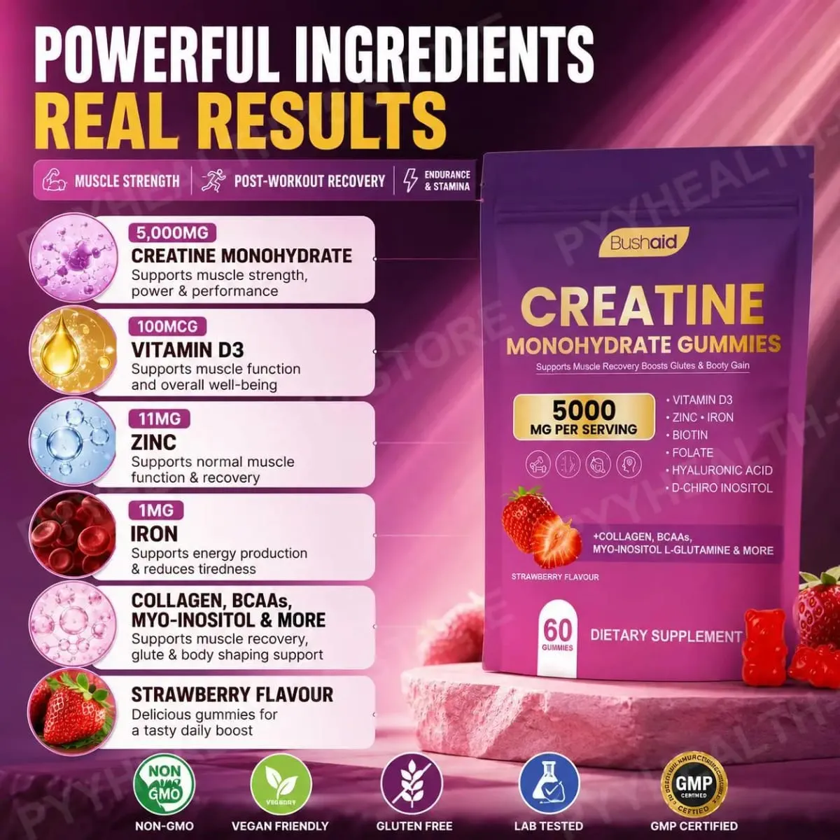BushAid Creatine Monohydrate Gummies for Post-Workout Muscle Recovery with Multi-Collagen Blend BCAA and Zinc 60 Gummies — image 5