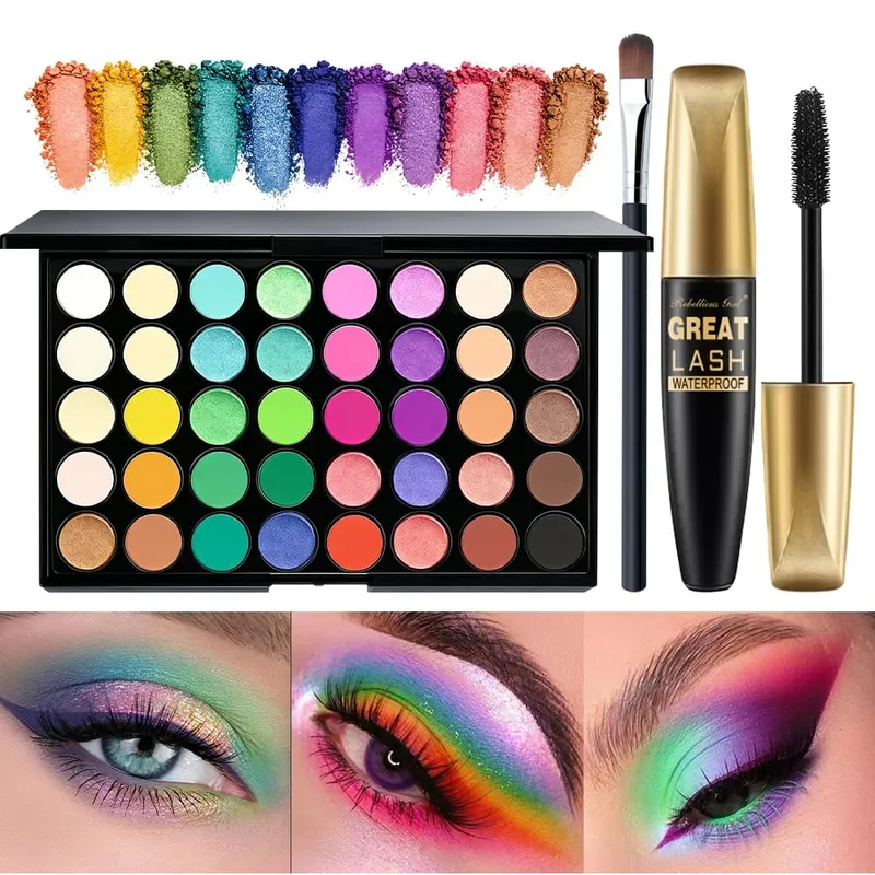3 τμχ Σετ μακιγιάζ για 40 χρώματα Rainbow Eyeshadow Palette + Μαύρη μάσκαρα με 1 τμχ Πινέλο 3 σε 1 Σετ μακιγιάζ για καθημερινό πάρτι καθημερινά — image 2