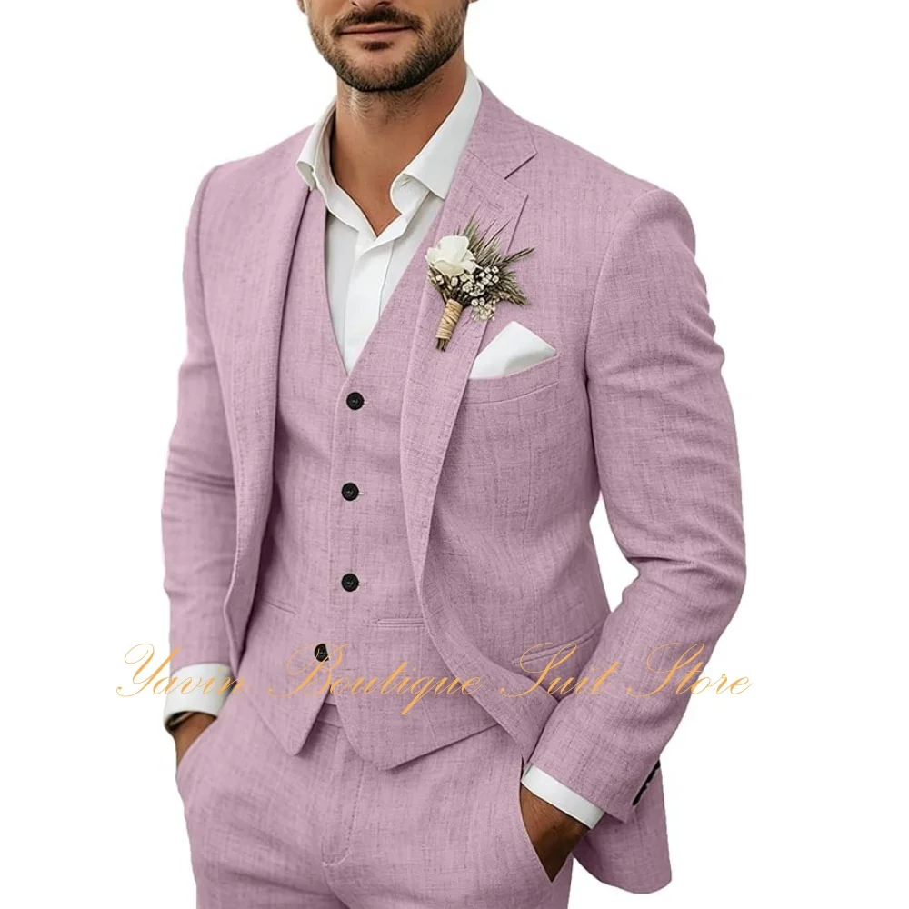 Summer Men's Linen Suits Casual Blazer 3 Piece Jacket Vest Pants Suit Set for Men Wedding Business Prom Tuxedo Suits