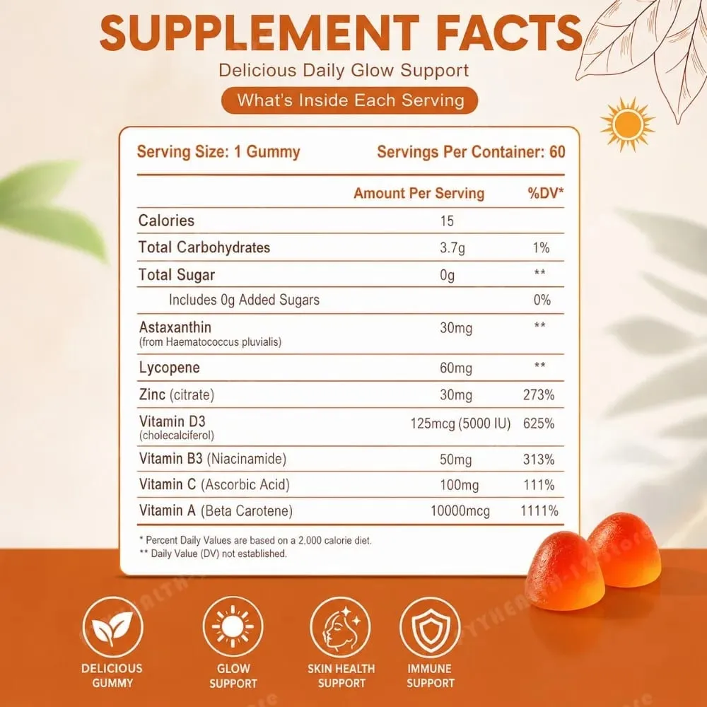 Γυναικείο μαύρισμα Gummies για γυναίκες Χωρίς Sunless Bronzing Glow Υποστήριξη Vegan Χωρίς Ζάχαρη, Μη ΓΤΟ Ασταξανθίνη & Λυκοπένιο 60 Αριθμός — image 6