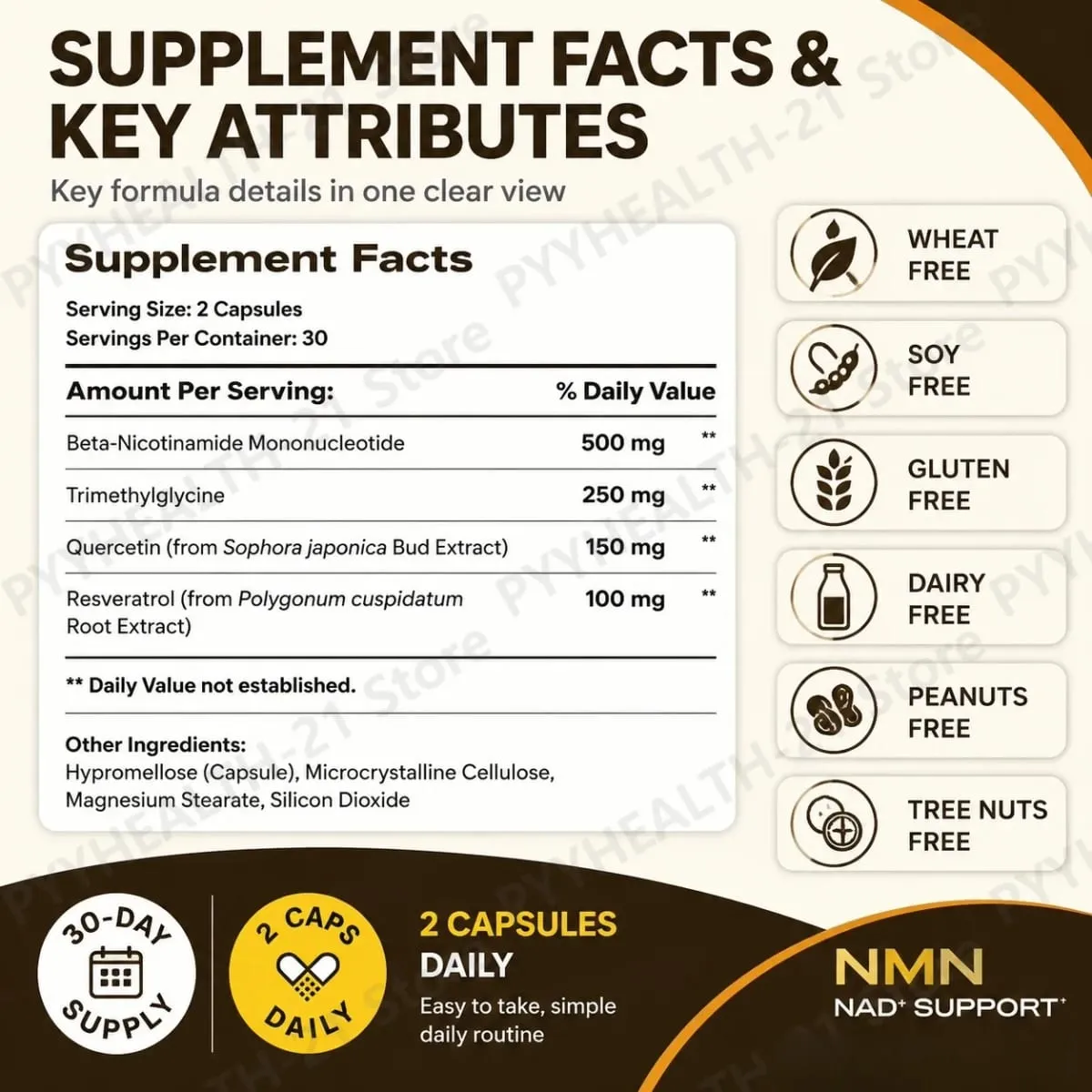 NMN NAD+ Κάψουλες Υποστήριξης 1000mg Υποστηρίζει Επίπεδα Κυτταρικής Ενέργειας Γνωσιακής Υγείας NAD+ με TMG Quercetin 60 Κάψουλες Ενήλικες