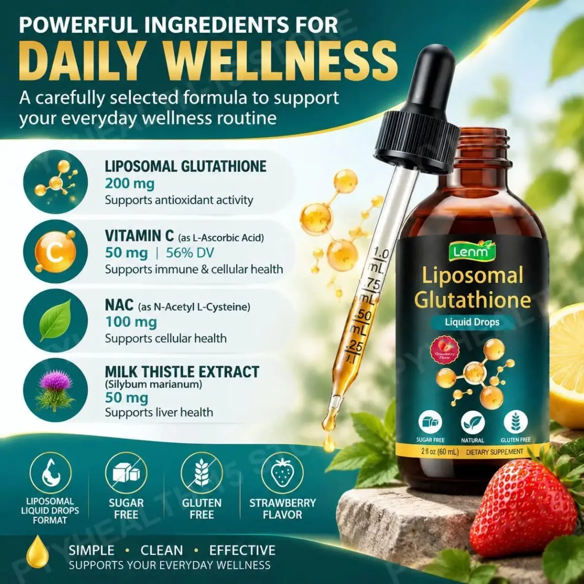 Lenm Liposomal Glutathione Liquid Drops για Αντιοξειδωτική κυτταρική και ηπατική υποστήριξη με NAC Vitamin C Γεύση Φράουλα 60 mL — image 5