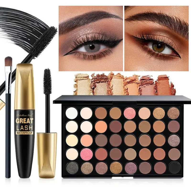 3 τμχ Σετ μακιγιάζ για 40 χρώματα Rainbow Eyeshadow Palette + Μαύρη μάσκαρα με 1 τμχ Πινέλο 3 σε 1 Σετ μακιγιάζ για καθημερινό πάρτι καθημερινά — image 4