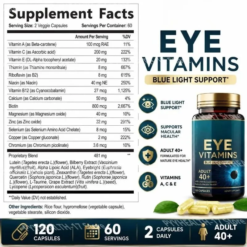 Κάψουλες Eye Vitamins Blue Light Support με λουτεΐνη & ζεαξανθίνη για 40+ Υποστήριξη υγείας της ωχράς κηλίδας για άνδρες γυναίκες 120 κάψουλες — image 2