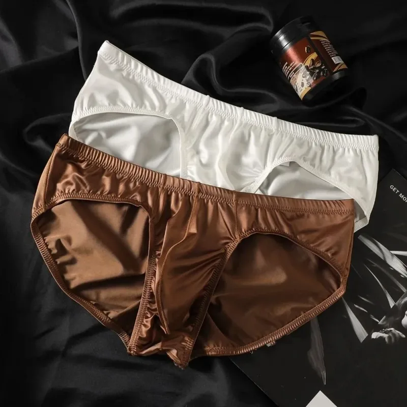 Breathable Low Waist Male Underwear Ice Silk Bulge Pouch Satin Silk Briefs Glossy Shiny Lingerie Men's Triangle Panties Sports — image 4