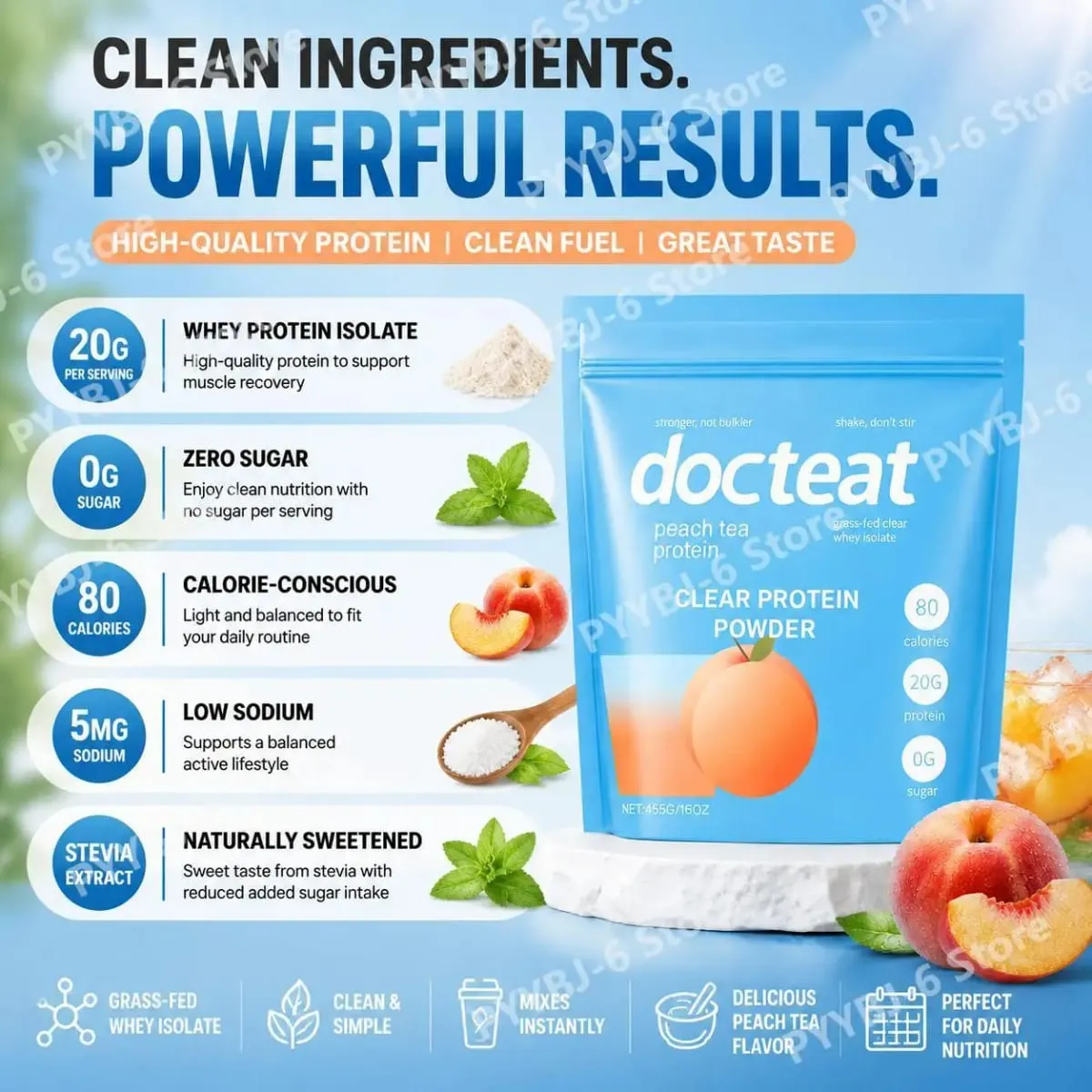 Docteat Peach Tea אבקת חלבון שקופה 455 גרם מי גבינה איזולט וסטביה 20 גרם חלבון דל שומן 0 גרם סוכר תמיכה להתאוששות אימון כושר